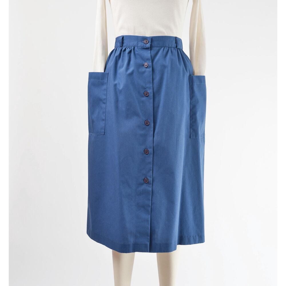 Vintage 70s Navy Blue Cotton Blend Button Front Midi Skirt with Pockets M